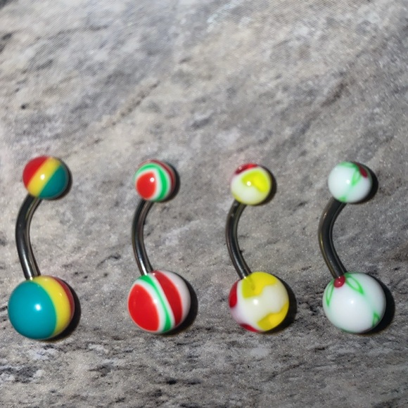 4 Belly Button Ring Set Green Red Yellow - Picture 3 of 3